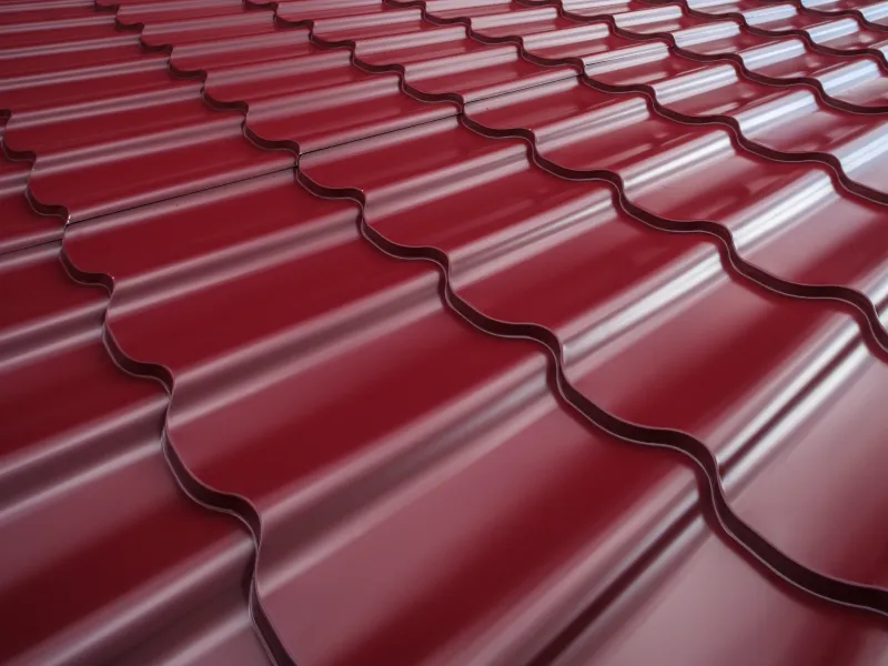 GettyImages-178725749 Red metal roof shingles close-up.