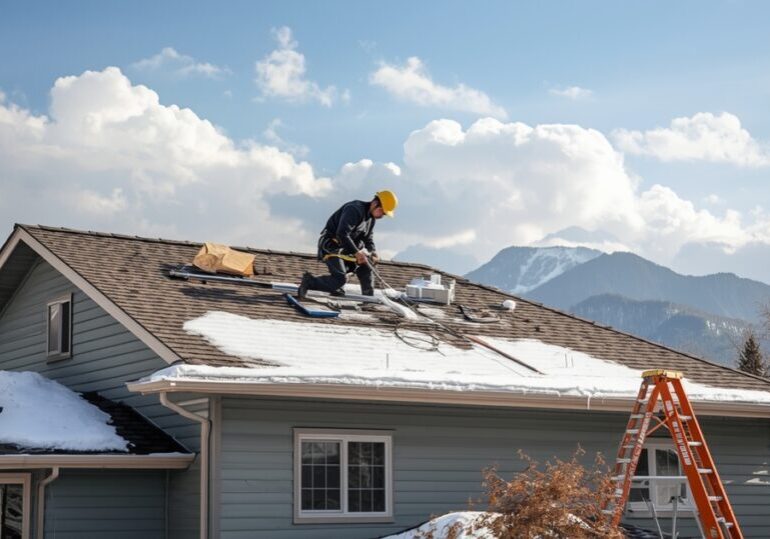Worker removing snow from a rooftop with mountains in the background.