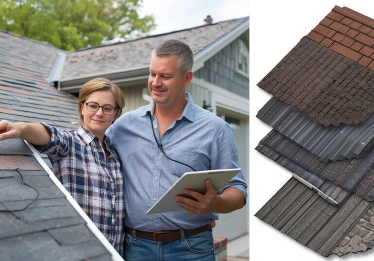 Couple reviewing house plans outside their home under renovation.
